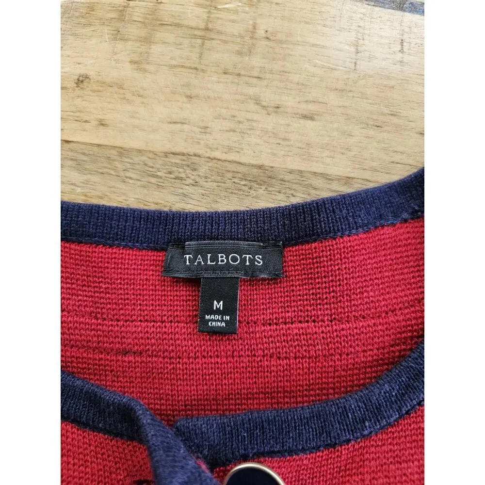 Talbots Red & Navy Blue Cardigan Sweater Womens‎ Size M Preppy Nautical